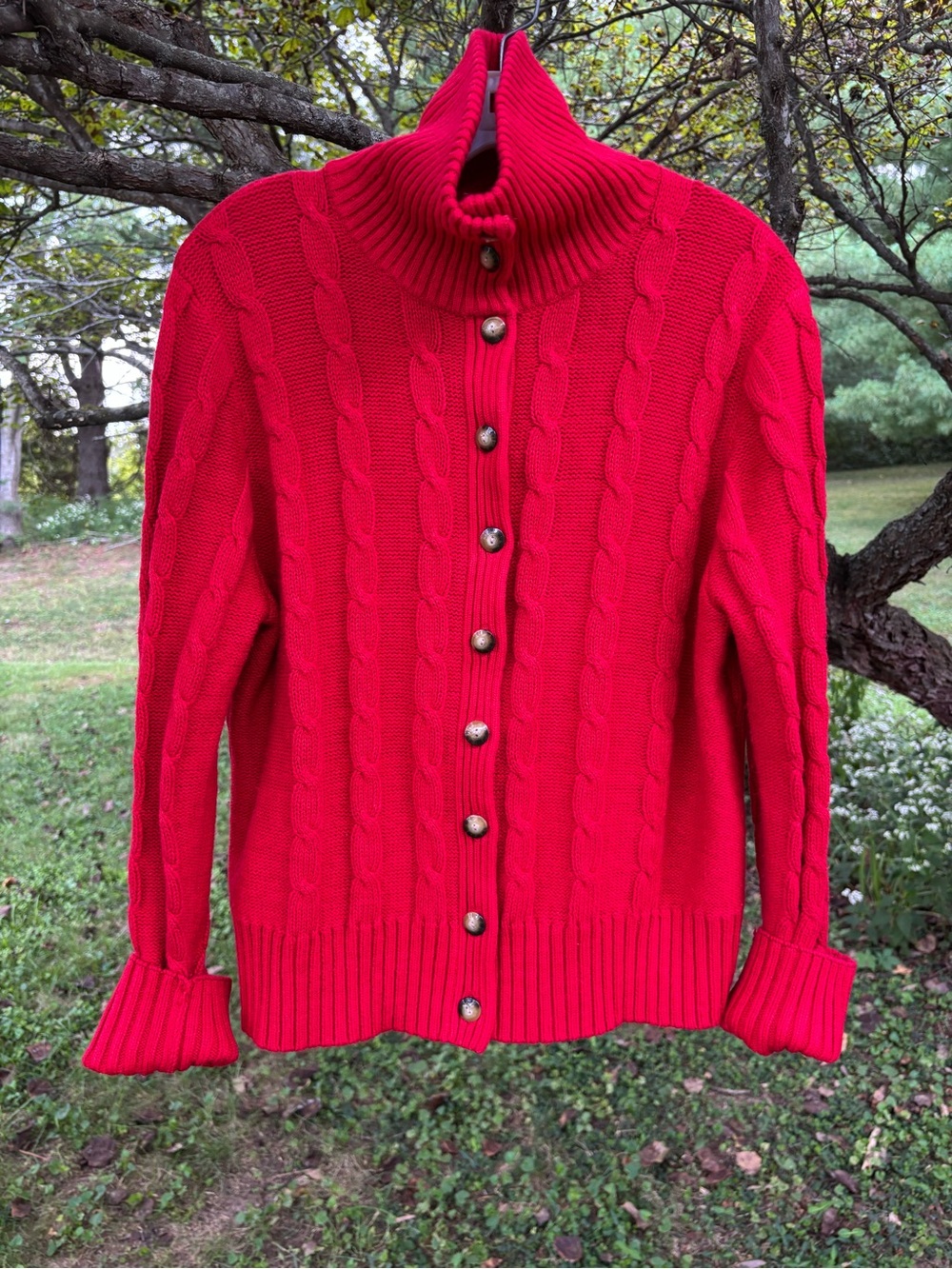 Red Cable-Knit Button-Up Turtleneck Sweater with versatile collar